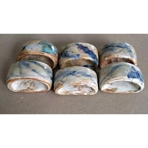 Handcrafted Ceramic Napkin Rings Blue Terracotta Watercolor Glossy Signed SCP